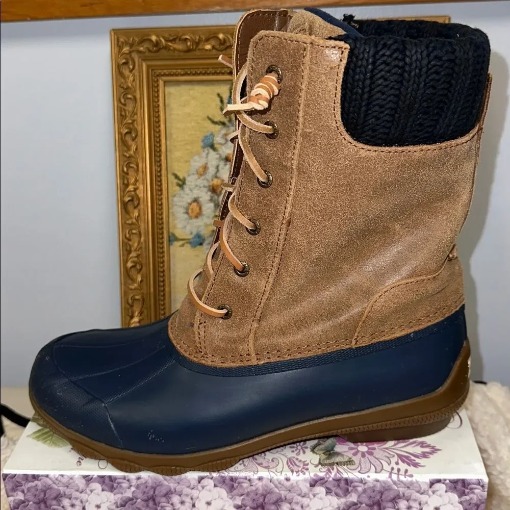 SPERRY 7.5 Top Sider Syren Misty Tan Navy Lace Leather Saltwater Duck Boots